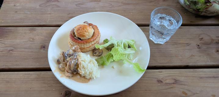 Teller mit Paste, gefüllt mit Pilzragout, Reis und Salat. Daneben ein Wasserglas.