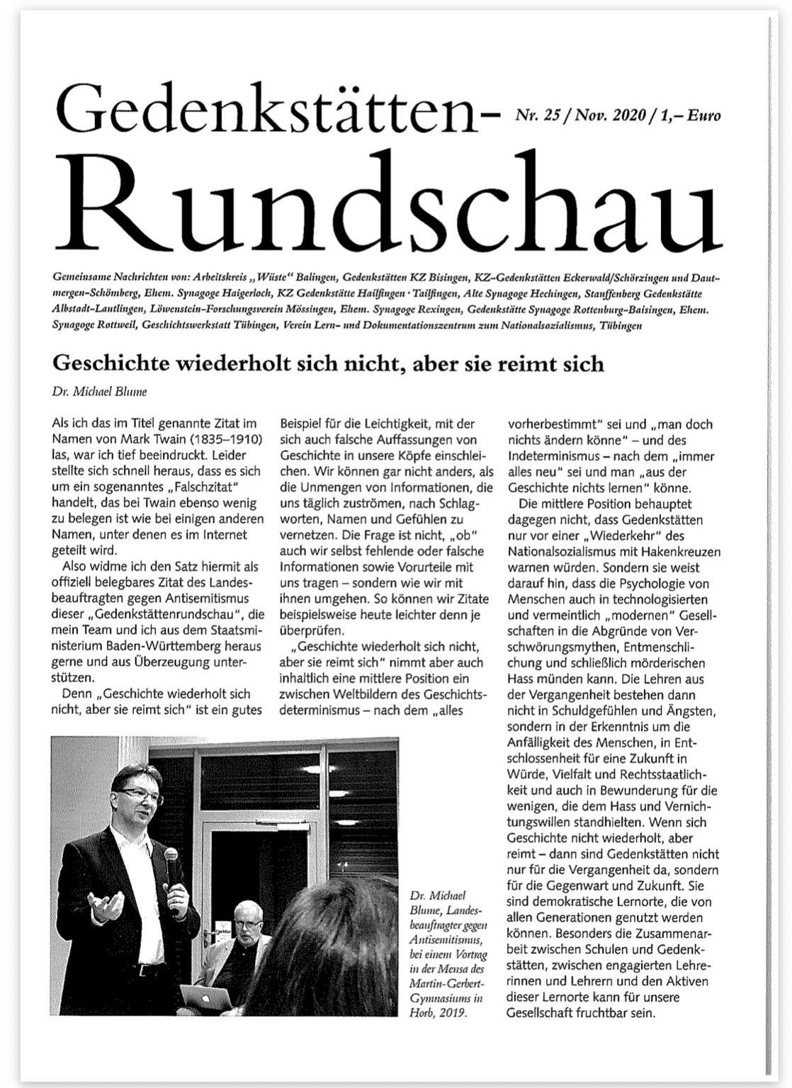 Artikel über die Bedeutung von Erinnerungskultur in der Gedenkrundschau von Michael Blume: „Geschichte wiederholt sich nicht, aber sie reimt sich.“ 